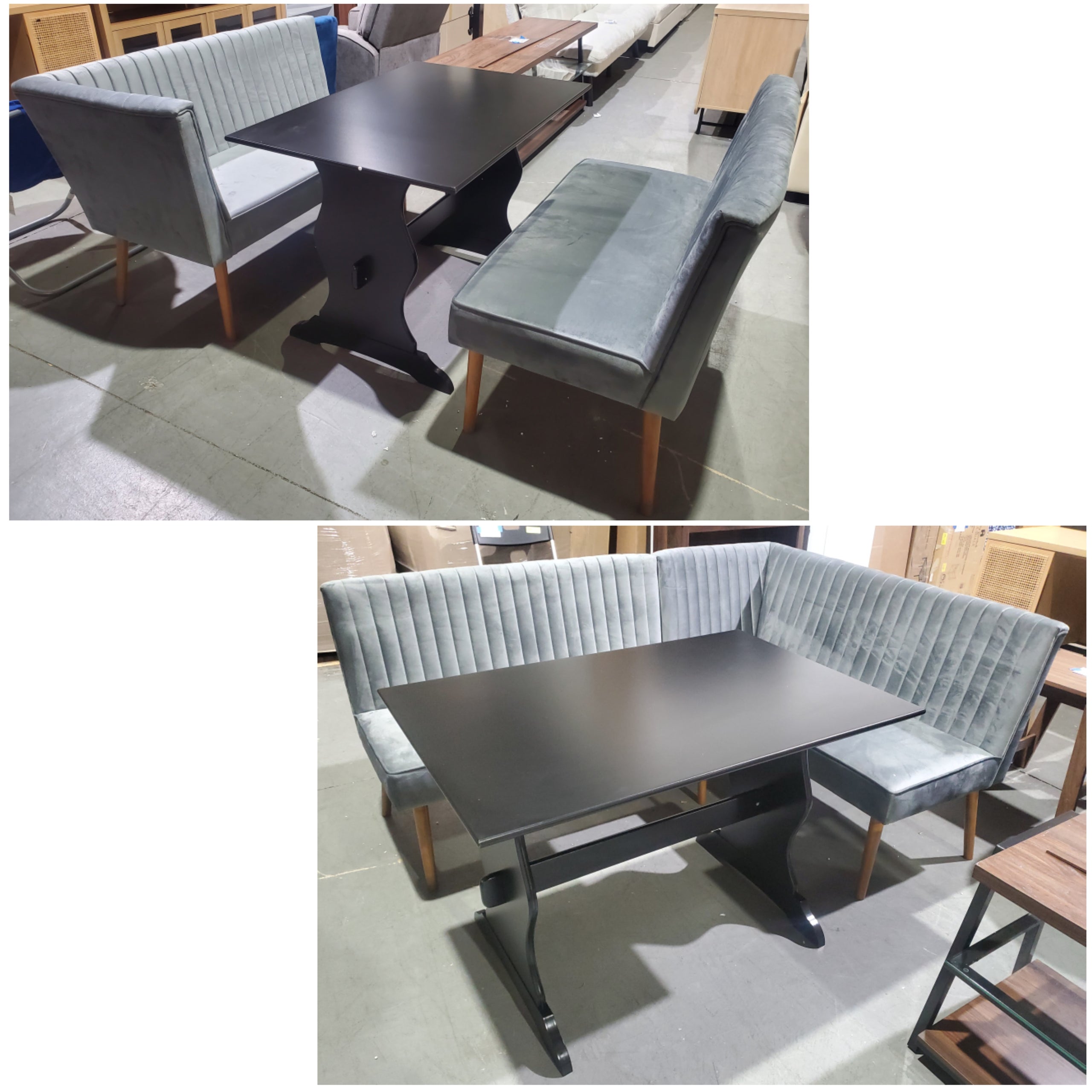3 Piece Black Nook Table with Grey Velvet Upholstered Nook Bench | 2nd City Liquidators, LLC.